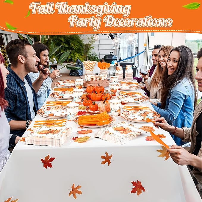 452 Pcs Fall Party Decorations Thanksgiving Party Supplies Fall Maple Leaves Pumpkins Paper Plates Napkins Cups Tablecloth Cutlery Straws for Autumn Thanksgiving Harvest Birthday Holiday