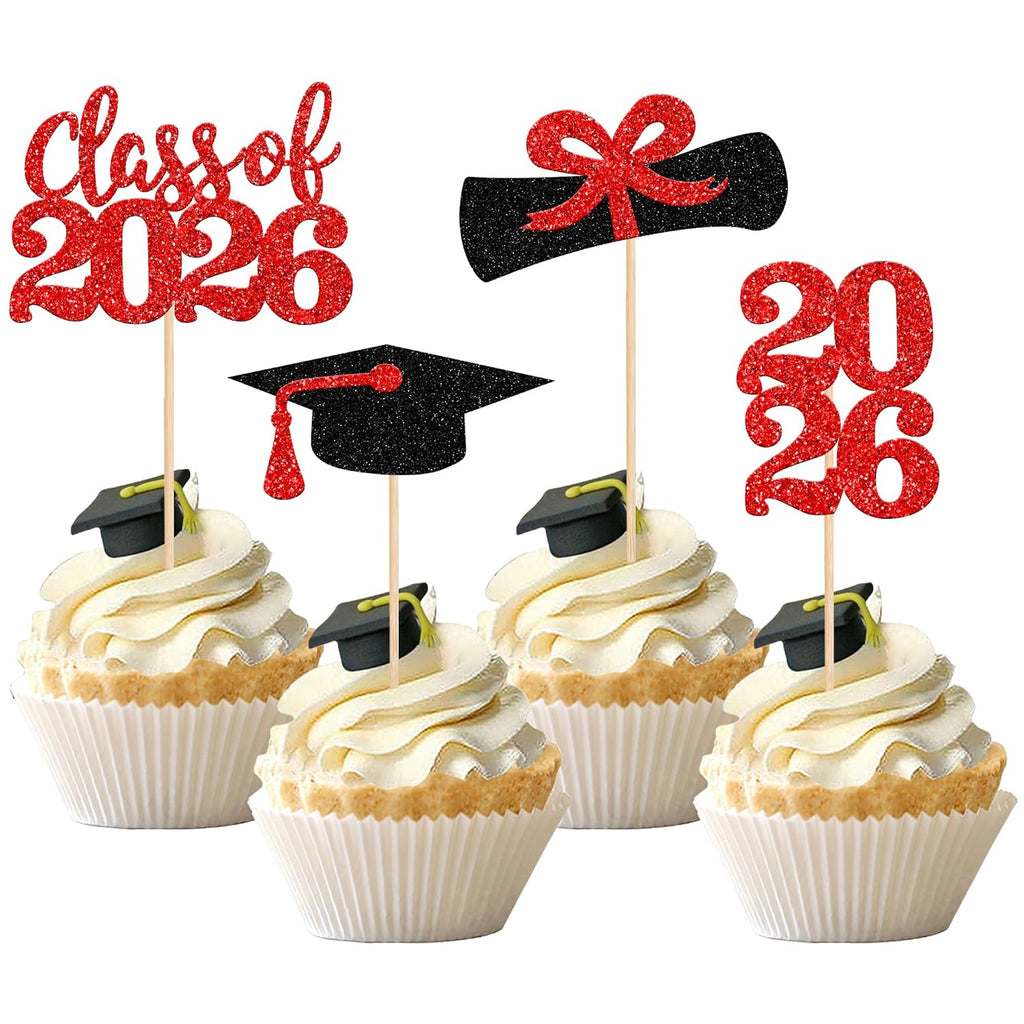 36 PCS 2026 Graduation Theme Cupcake Toppers Glitter Class of 2026 Grad Cap Diploma Cupcake Picks 2026 Graduation Theme Party Cake Decorations Supplies Red