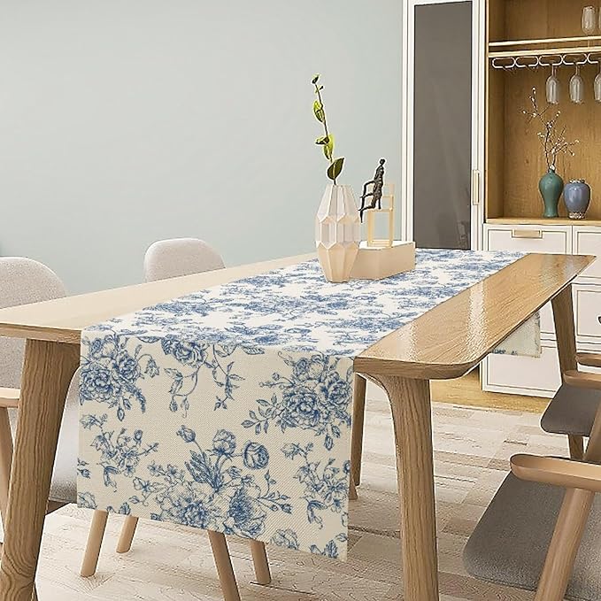 Floral Table Runner, Retro Blue Flower Chinoiserie Sketch Pattern Print Table Runner for Kitchen Dinning Table Runner Decor Home Wedding Party Holiday, 13x120 Inch