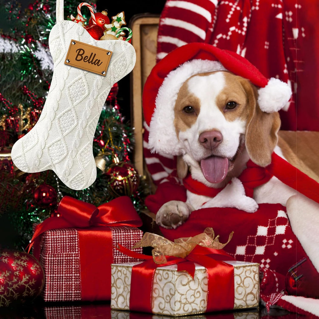Funny DIY Personalized Dog Christmas Stocking, Large Bone Shape Cable Knit Custom Name Embroidered Dog Xmas Stockings, Knitted Hanging Stockings Pets