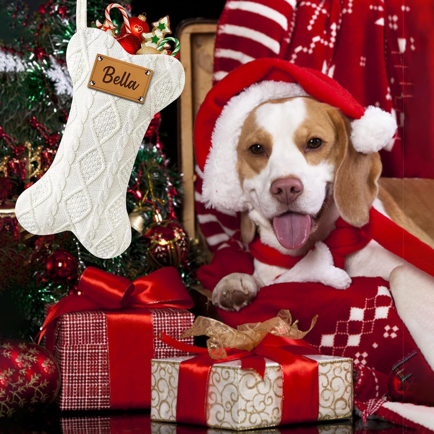 Funny DIY Personalized Dog Christmas Stocking, Large Bone Shape Cable Knit Custom Name Embroidered Dog Xmas Stockings, Knitted Hanging Stockings Pets