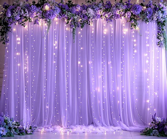 Purple Sheer Backdrop Curtains with Lights String for Baby Shower Girls 2 Panels 5×8ft Tulle Backdrop Curtain for Wedding Bridal Shower Elephant Birthday Party Photo Shoot Background Decorations