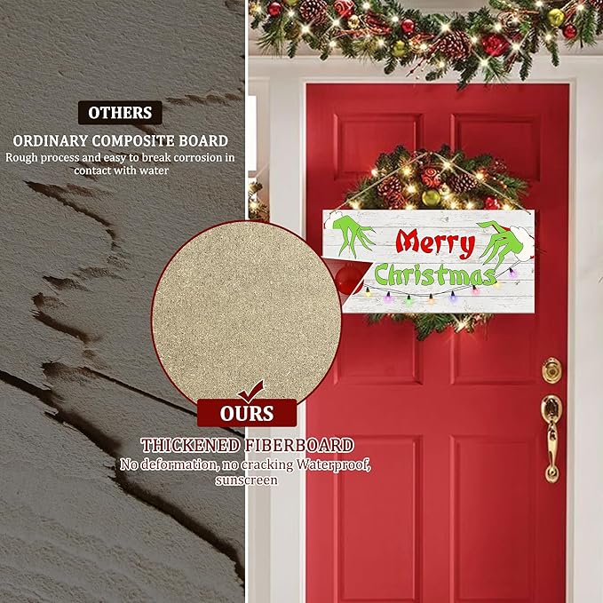 Merry Christmas Hanging Door Sign, Crazy Funny Green Festive Wooden Wall Welcome Decor Winter Farmhouse Style Outdoor Indoor Xmas Tree Ornaments for Home Office Holiday Party