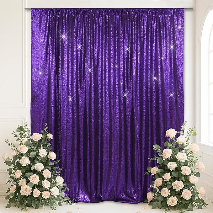 SquarePie Sequin Backdrop Less Transparent Background Sparkly Curtain for Wedding Halloween Party 10FT x 10FT Purple