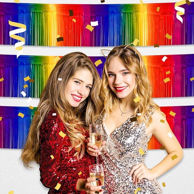4 Pack 10 Feet Rainbow Foil Fringe Garland Metallic Tinsel Streamers Banner Wall Hanging Curtain Backdrop for Parade Floats, Wedding, Graduate, Mother's Day, Birthday Party Decoration