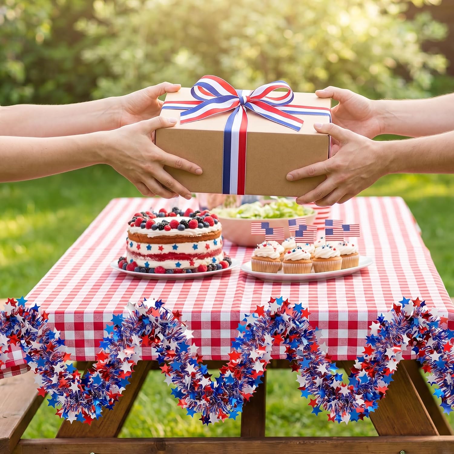 50ft Patriotic Star Tinsel Garland, Tinsel Banner for USA 250th Anniversary July 4th Decorations
