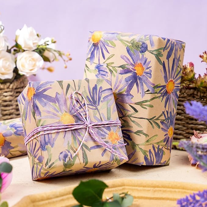 RUSPEPA Purple Floral Wrapping Paper for Women, 17 in x 16.4 ft, Mini Roll, Watercolor Flower Kraft Paper, Daisy Wrapping Paper Roll for Girls, Wedding, Birthday and Bridal Shower