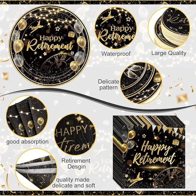 452 Pcs Black Gold Retirement Decorations Supplies for 50 Guests, Happy Retirement Paper Plates Napkins Cups Tablecloth Cutlery Straws Disposable Tableware Set for Men Women