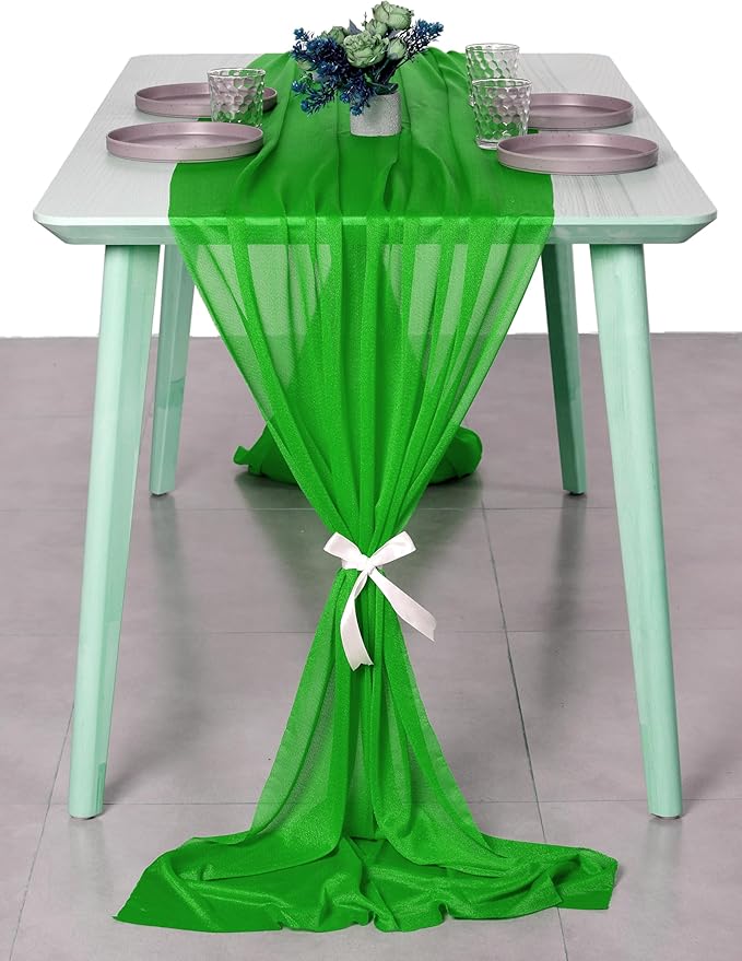 MDS 15 Pack 10ft Chiffon Table Runner 29 x 120 Inches Sheer Wedding Runner Romantic Rustic Table Runner for Wedding Decorations, Birthday Parties, Bridal Shower Party Arch Decor - Green