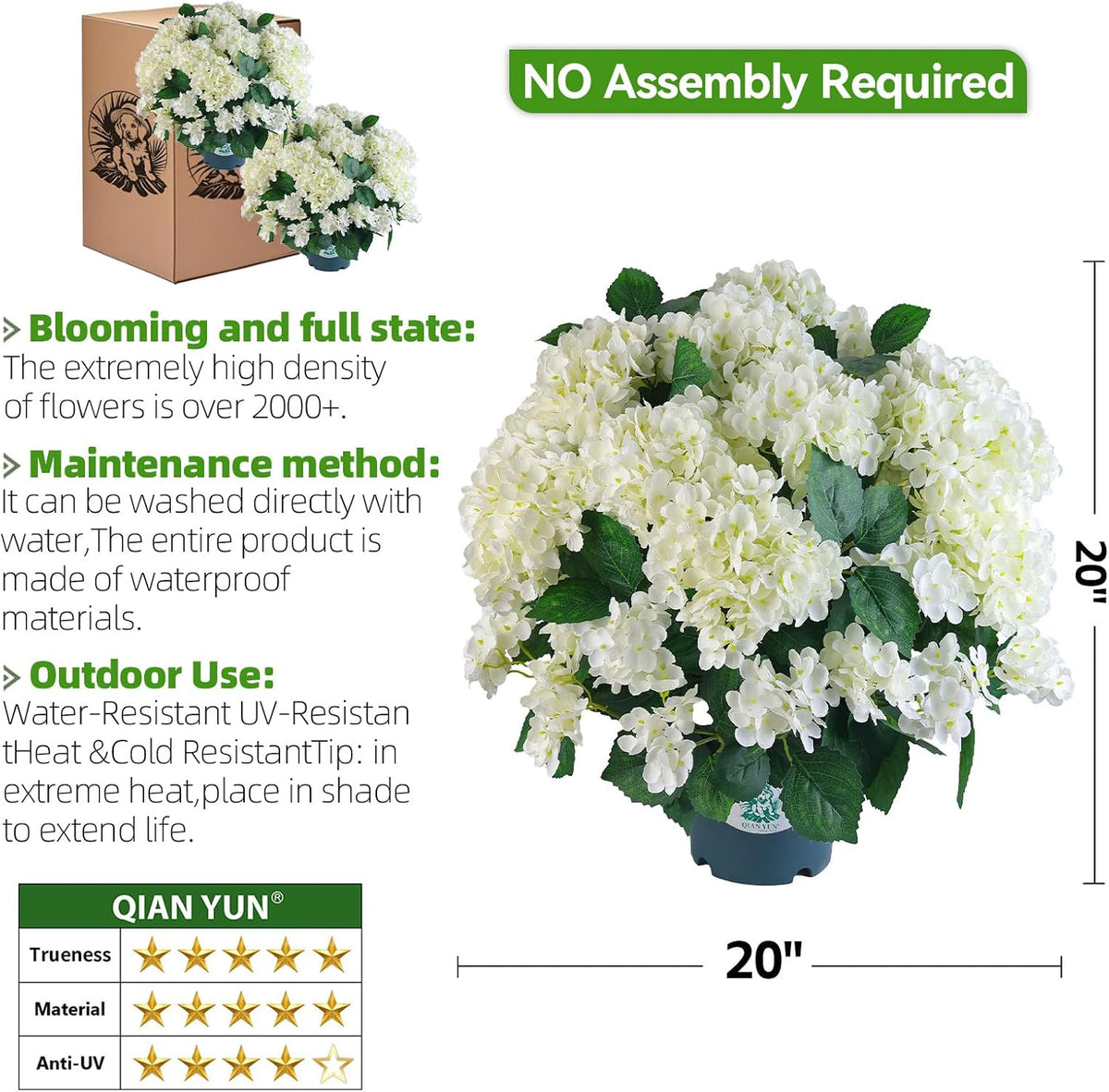 artificial hydrangea bush – 20 inch potted faux, side view