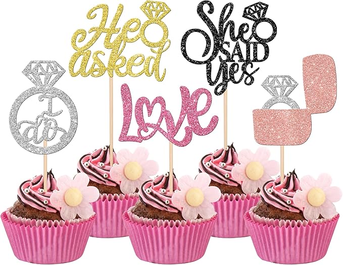30 PCS He Asked She Said Yes Cupcake Toppers Diamond Ring Cupcake Picks Love I Do Bridal Shower Cake Decorations for Wedding Enaggement Theme Party Supplies Colorful
