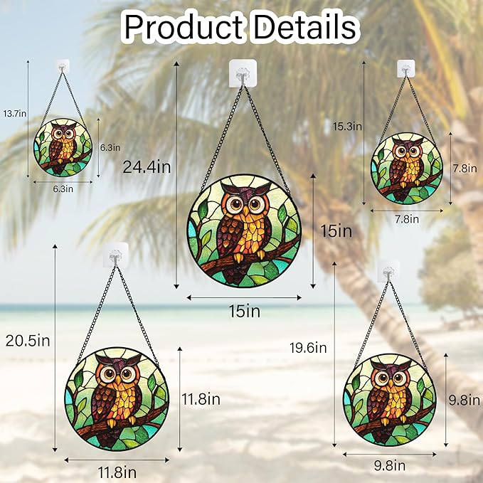 Stained Glass Window Hanging - Owl on a Branch Suncatcher for Doors Window Home Orange Brown Sun Catchers Decor Christmas Mother's Day Birthday Gifts for Teacher Women Men Mom Nana 9.8 in