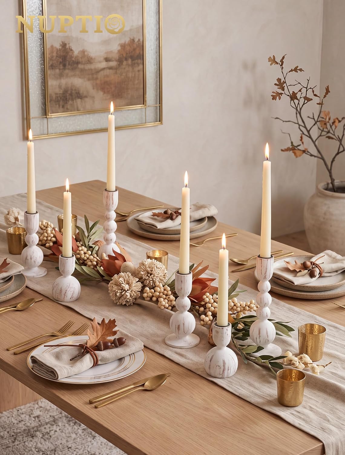 NUPTIO Wooden Taper Candle Holders, Set of 6 White Candlesticks