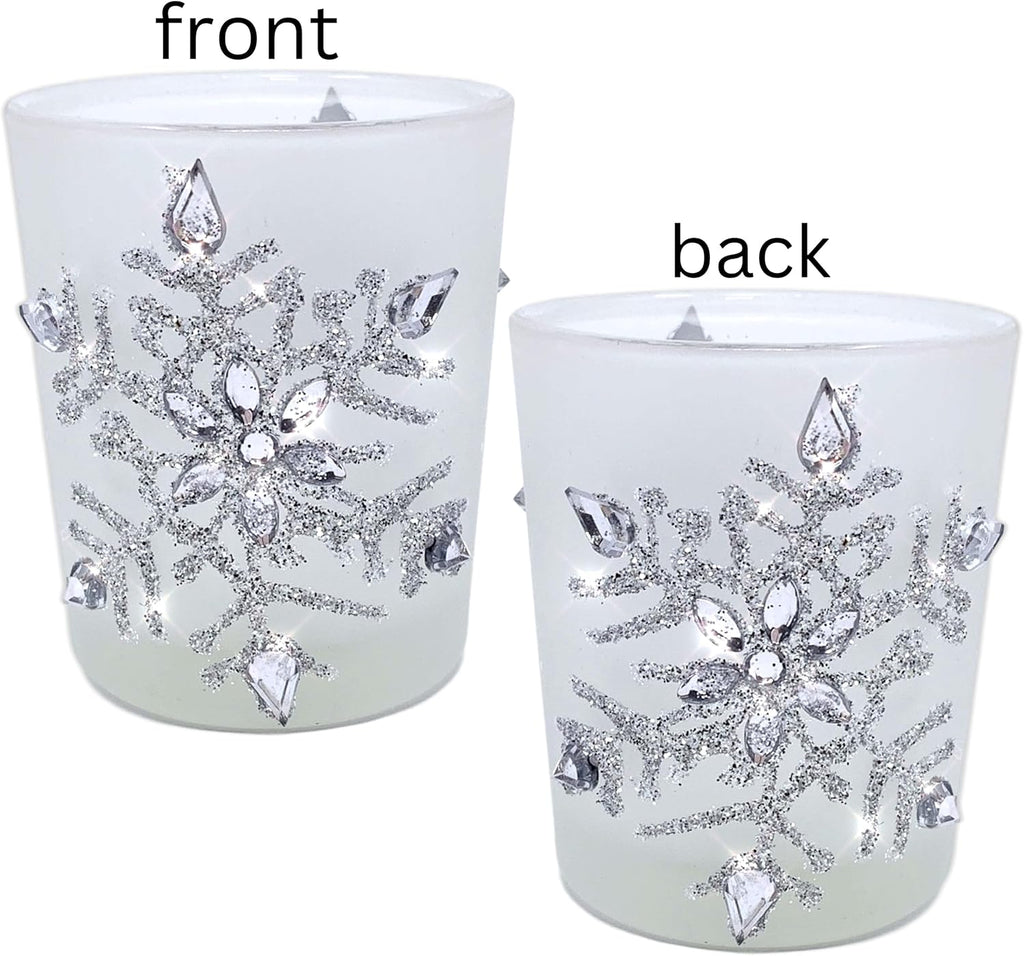 Snowflake Candle Holders with LED Candles, Set of 3 – Lighted Frosted Glass Votive Holders with Glitter Snowflakes and Jewel Accents – Christmas Table, Mantel and Holiday Decor – 2.75 Inch