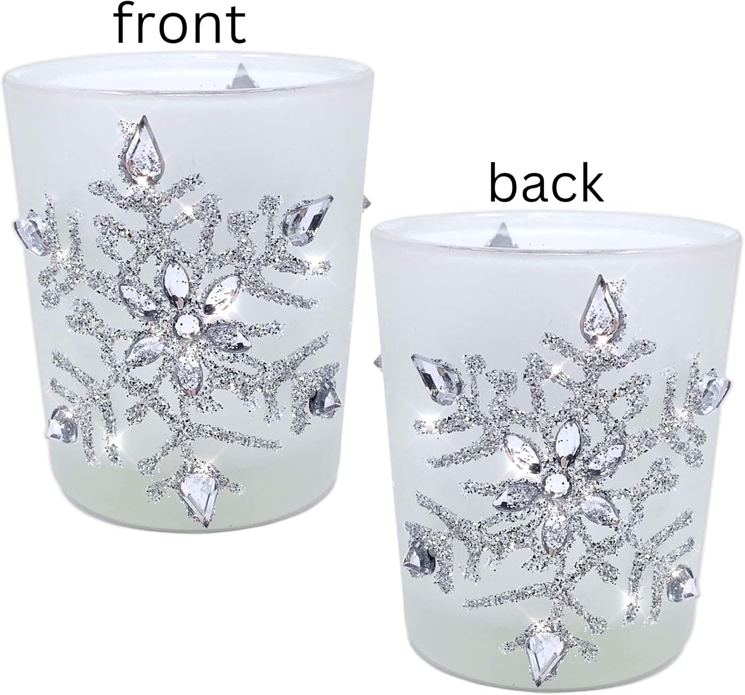 Snowflake Candle Holders with LED Candles, Set of 3 – Lighted Frosted Glass Votive Holders with Glitter Snowflakes and Jewel Accents – Christmas Table, Mantel and Holiday Decor – 2.75 Inch