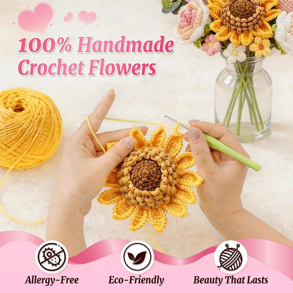Crochet Flower Bouquet - Handmade Knitted Sunflower Crochet Flowers, Pink Crochet Bouquet Gift for Mom, Wife, Women, Mother's Day, Birthday, Graduation, Teacher Gifts with Gift Bag & Card