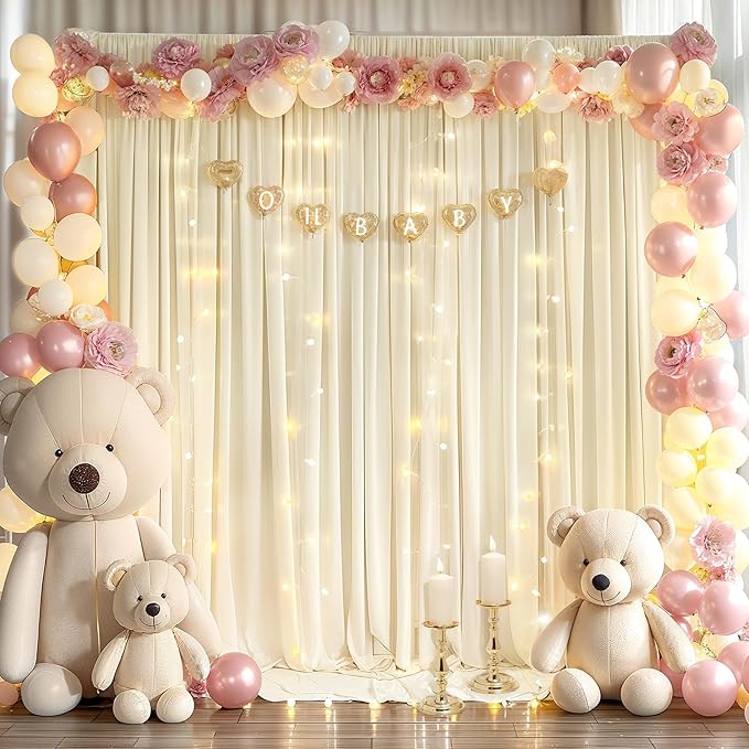 Beige Backdrop Curtains with Lights String for Parties,10x10FT Wrinkle Free Polyester Wedding Photo Backdrop Curtains for Baby Shower Birthday Ceremony Reception Home Party Decorations