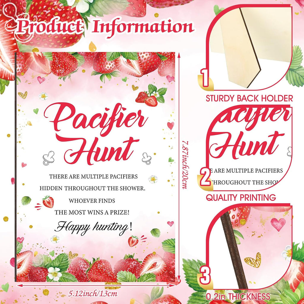 Thyle 51 Pcs Strawberry Pacifier Hunt Baby Shower Games Include Hunt Sign and 50 Acrylic Pacifiers for Baby Shower Decoration Gift Sets Gender Reveal Party Decor