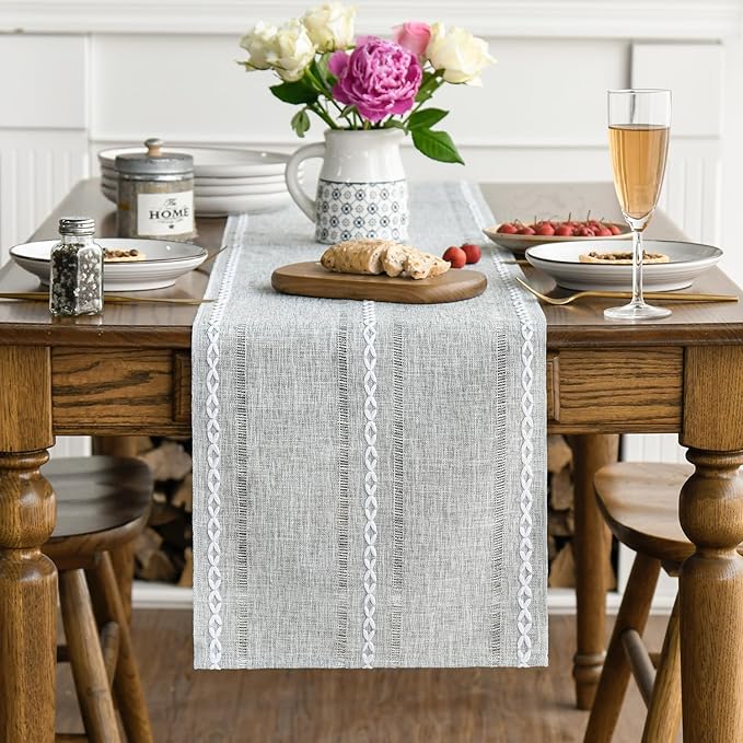 Artoid Mode Grey Rustic Cotton Linen Table Runner, Seasonal Embroidered Hollow Kitchen Dining Table Decoration for Home Party Decor 13x108 Inch