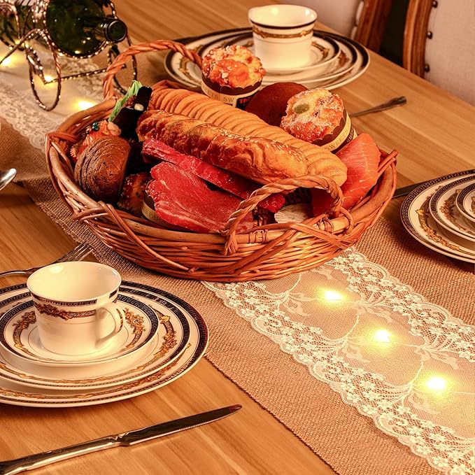 Burlap Table Runner with LED String Lights Rustic 12" x 108" Christmas Tablecloth Lighted Table Runner Farmhouse Decor for Wedding Bridal Shower Xmas Holiday