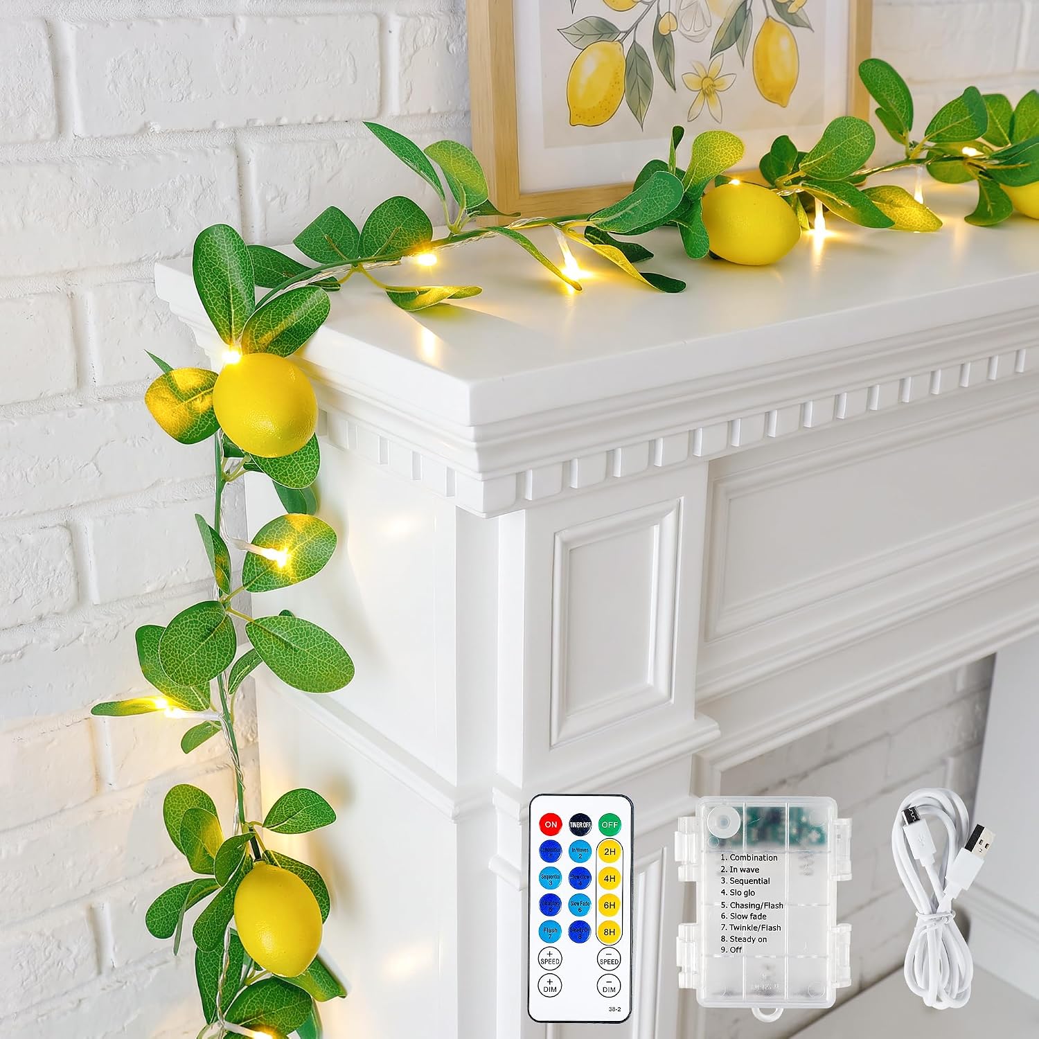 HEYFUNi 18 Led 6FT Lemon Garland Vine with Lights, USB & Battery Operated | Faux Lemon Vine with Remote, Timer, 8 Modes, 4 Brightness & Speed, Artificial Vine for Decoration, Mantel, Table,Summer Decor