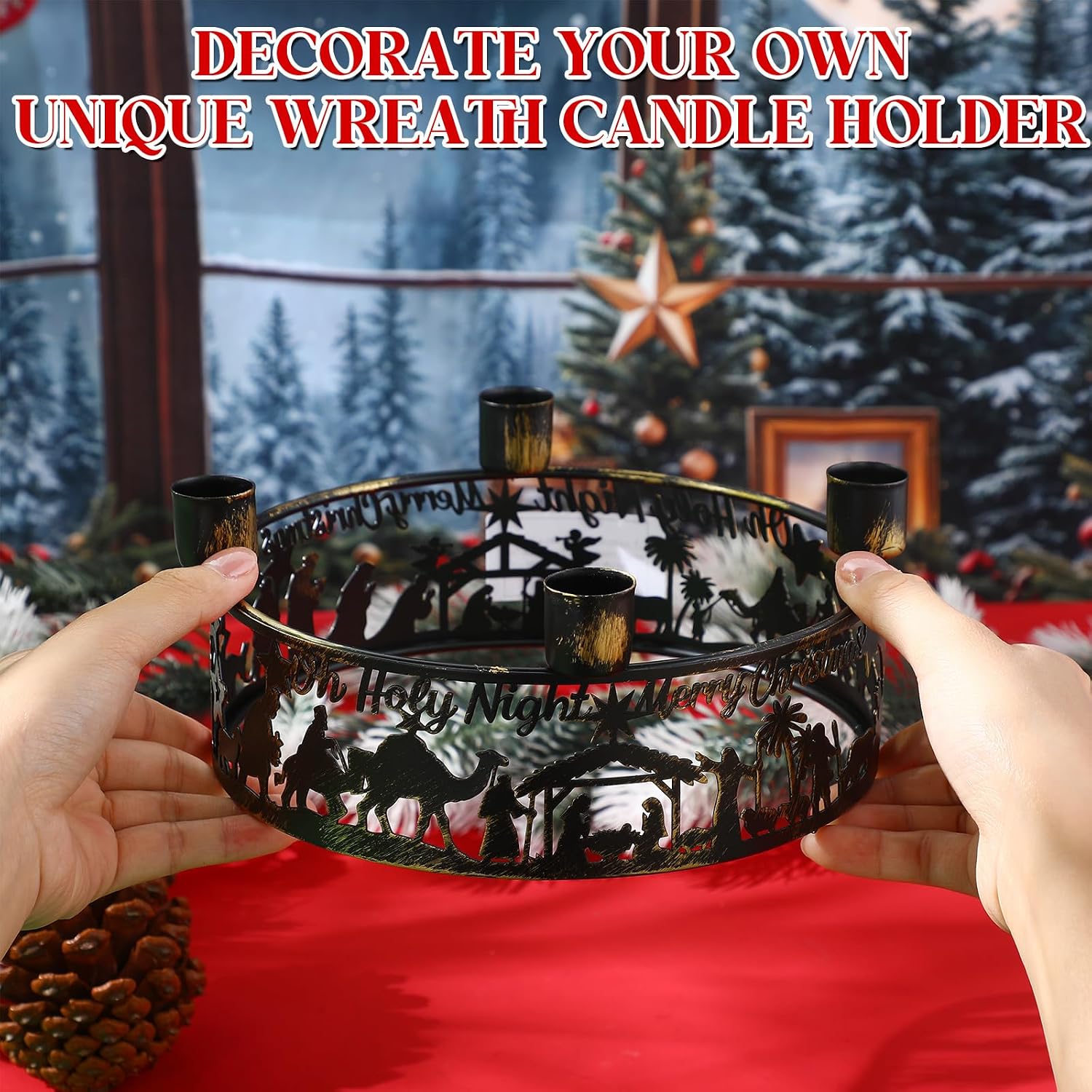 Blulu Advent Wreath Candle Holder Nativity Scene Ring Candle Holder Metal Jesus Nativity Set Christmas Centerpiece for Candlestick Rustic Advent Christmas Home Decorations Xmas Signs (Holy Night)