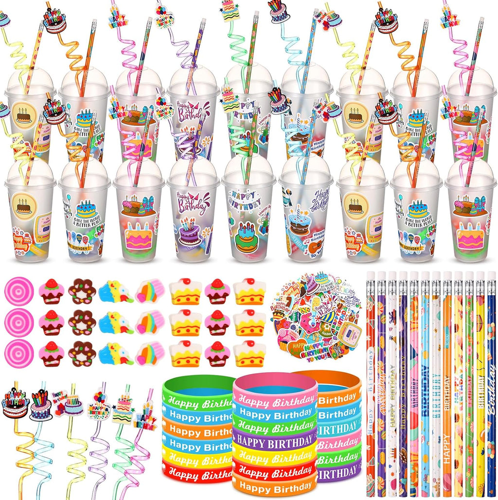 Baderke 24 Sets Birthday Gifts Party Favors Set Include Reusable Cups with Dome Lids Straw Decoration Pencil Heart Eraser Silicone Bracelet Stickers (Birthday A)