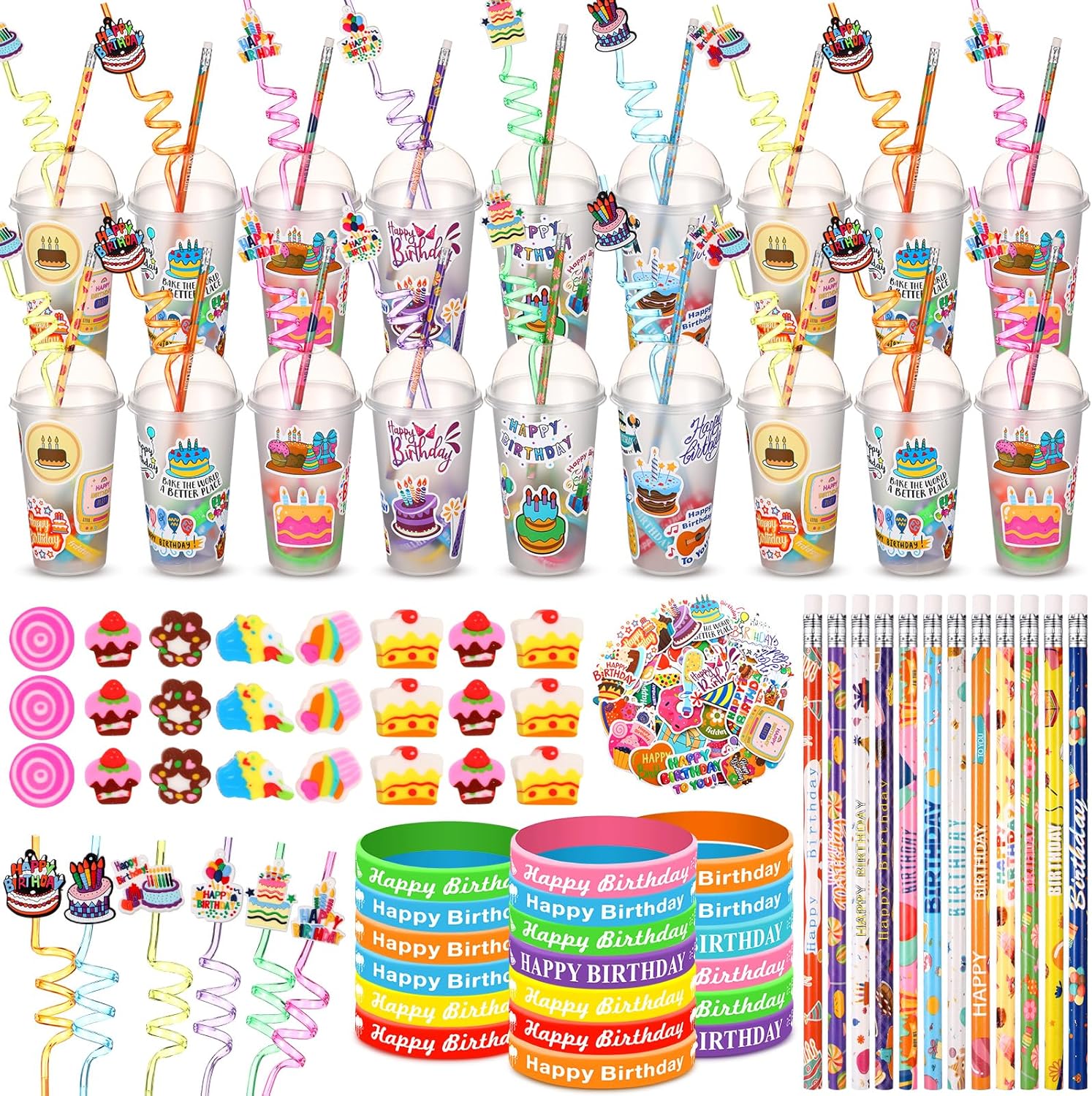 Baderke 24 Sets Birthday Gifts Party Favors Set Include Reusable Cups with Dome Lids Straw Decoration Pencil Heart Eraser Silicone Bracelet Stickers (Birthday A)