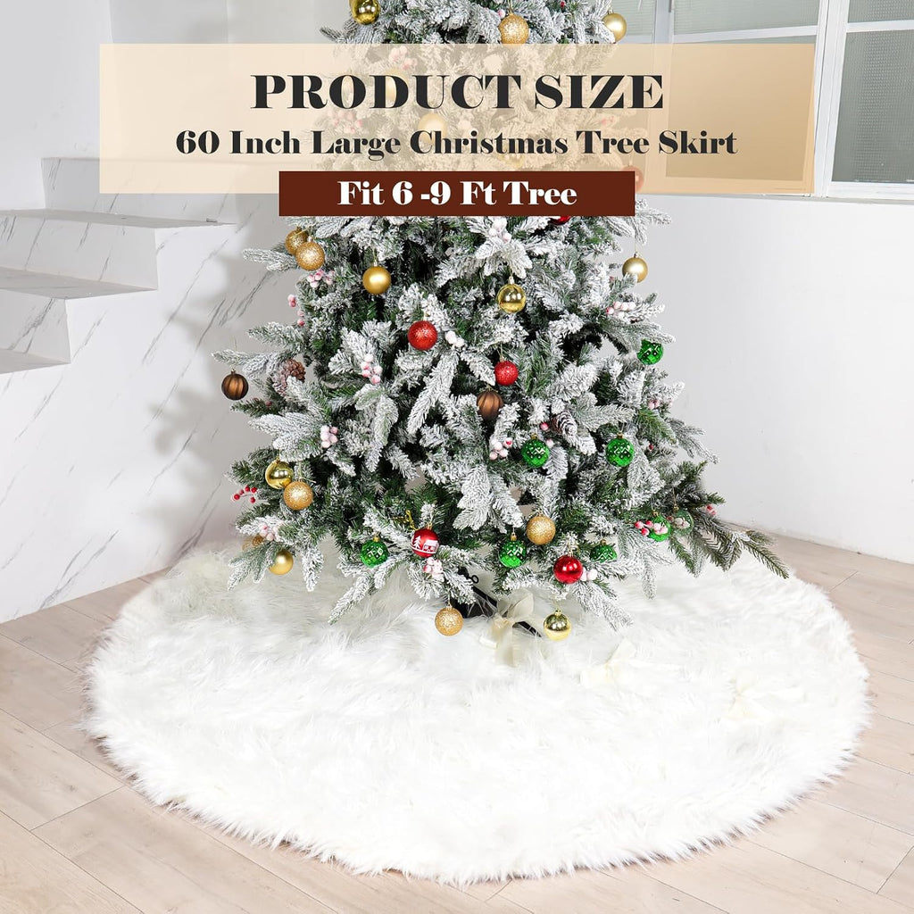 60 Inch White Christmas Tree Skirt with 4.5" Extra Long Pile– Ultra Plush Faux Fur Tree Skirt for 6-9 Ft Trees