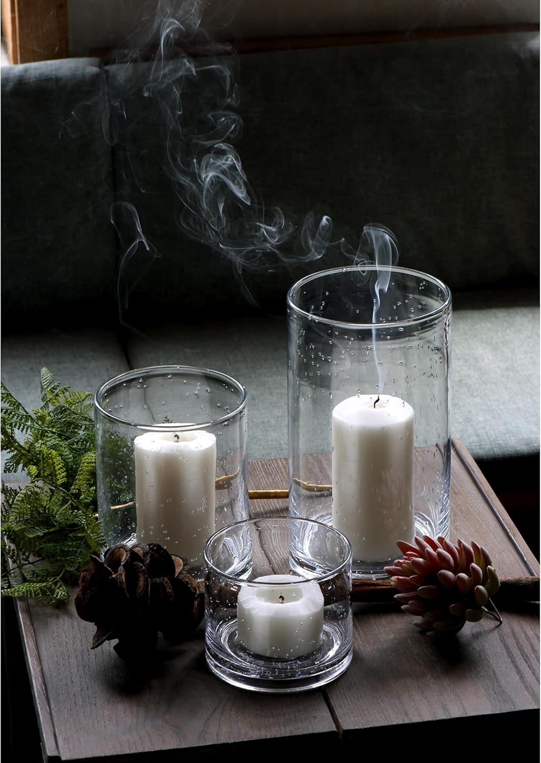 Hurricane Candle Holders Glass Cylinders Set of 3 (10" 7" 4") | Clear Seeded Bubbles, Cylinder Vases For Pillar Candles, Modern Rustic Table Centerpiece Decor
