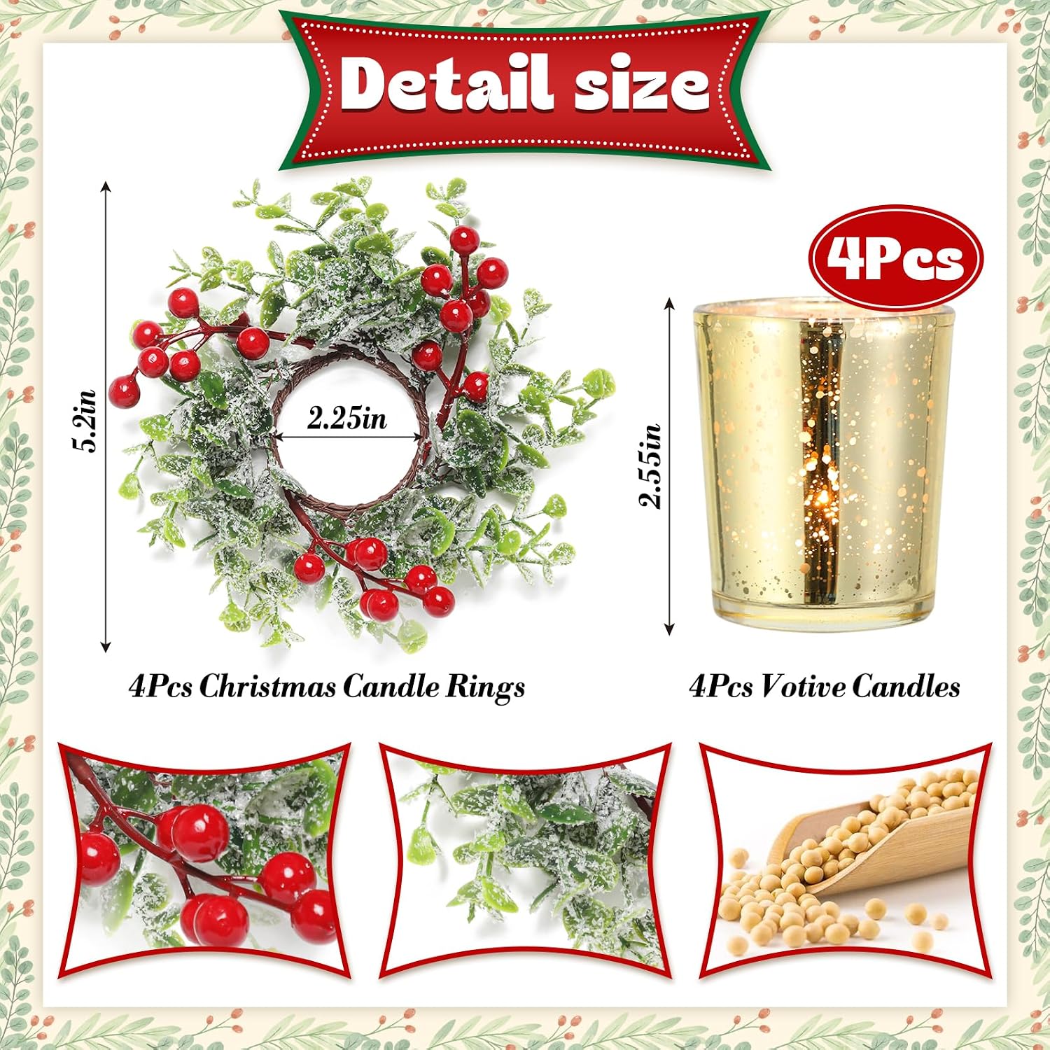 Christmas Candle Ring, 4 Pcs Gold Votive Candles with Red Berry Xmas Candle Ring Wreath for Christmas Table Centerpiece Decoration Party Holiday
