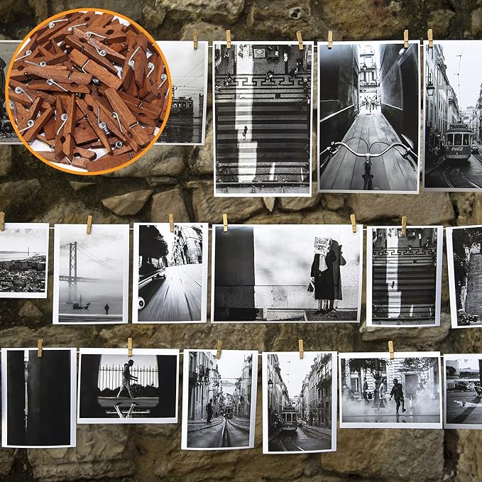Mini Natural Wooden Clothespins with Jute Twine, 100pcs, 1.4 Inch Photo Paper Peg Pin Craft Clips with 320ft Natural Twine for Scrapbooking, Arts & Crafts, Hanging Photos (Rustic Brown)