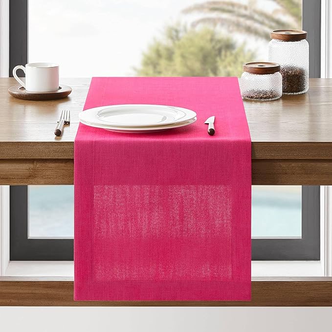 ZeeMart Linen Textured Border Table Runner, 14 x 90 Inch Hot Pink, Farmhouse Style Pink Table Runners 90 Inches Long, Easy Care Everyday Polyester Table Runner