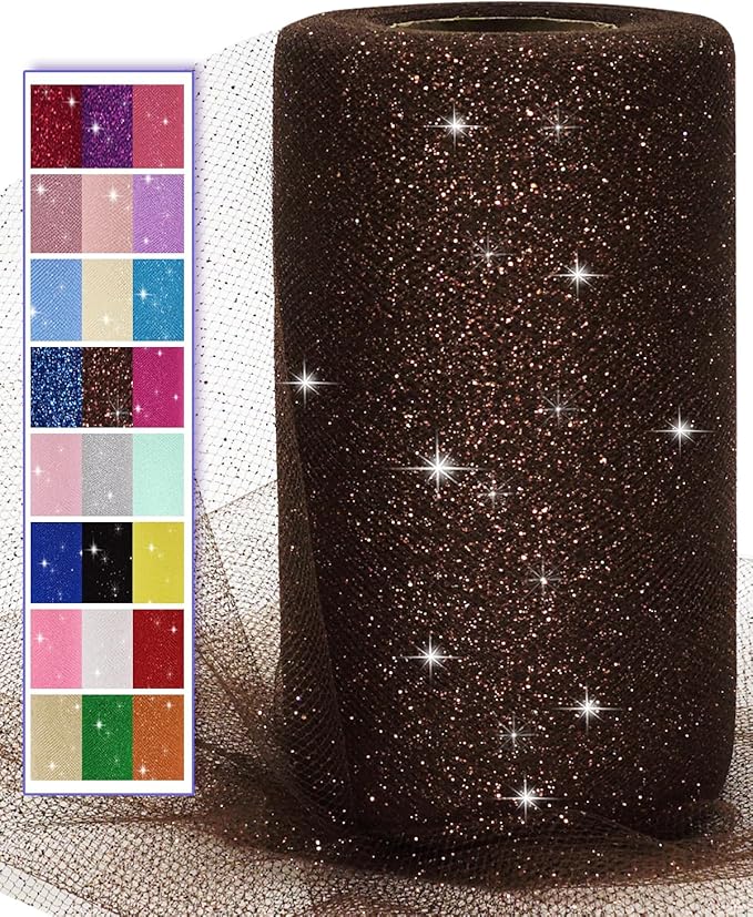 Glitter Tulle Fabric Rolls, 6 Inch 50 Yards (150ft) Sparkling Spool Ribbon Sequin Netting for Tutu Skirt Gift Wrapping Wedding Party Decoration (Brown)