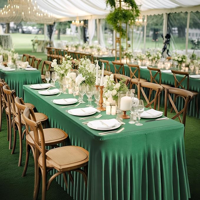 Wish Care 2 Pack Hunter Green Spandex Table Clothes for 4 Foot Rectangle Tables, 4FT Wrinkle Free Fitted Tablecloths Ruffles Design Table Cover for Party, Banquet, Wedding and Events
