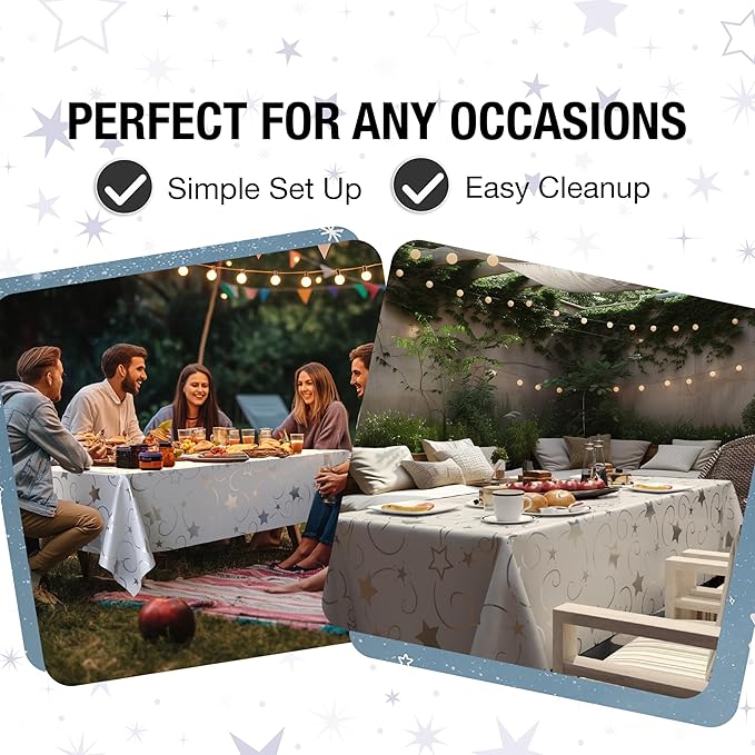 Exquisite Silver Star Tablecloth Plastic 12-Pack Disposable Rectangle Tablecloths 54" x 108" Silver Star Table Cloths Rectangle Table Covers Plastic Tablecloth for Party Decorations