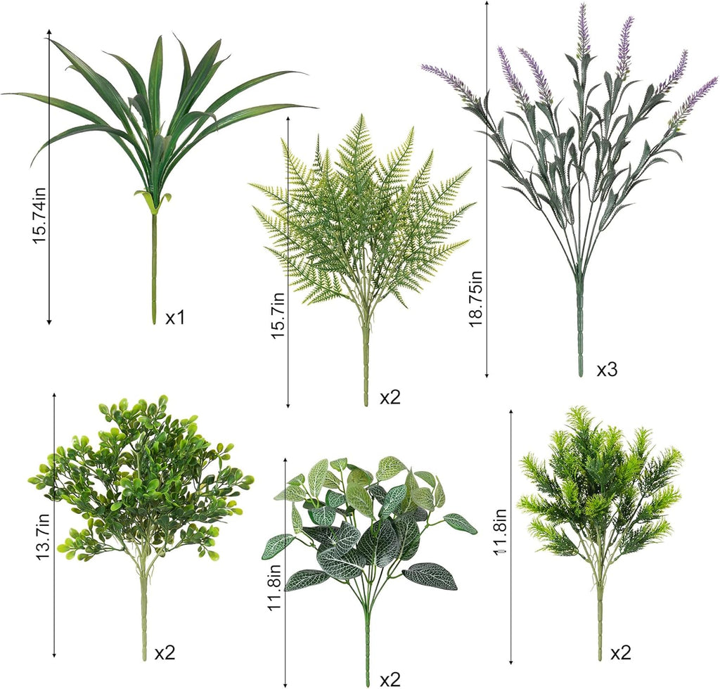 Hrobek Outdoor Faux Plants UV Resistant Fake Greenery for Outside Planter | 12 Bouquet Realistic Artificial Eucalyptus Fern Lavender Spider Vanilla Patio Garden Front Door Porch Yard Home Decor