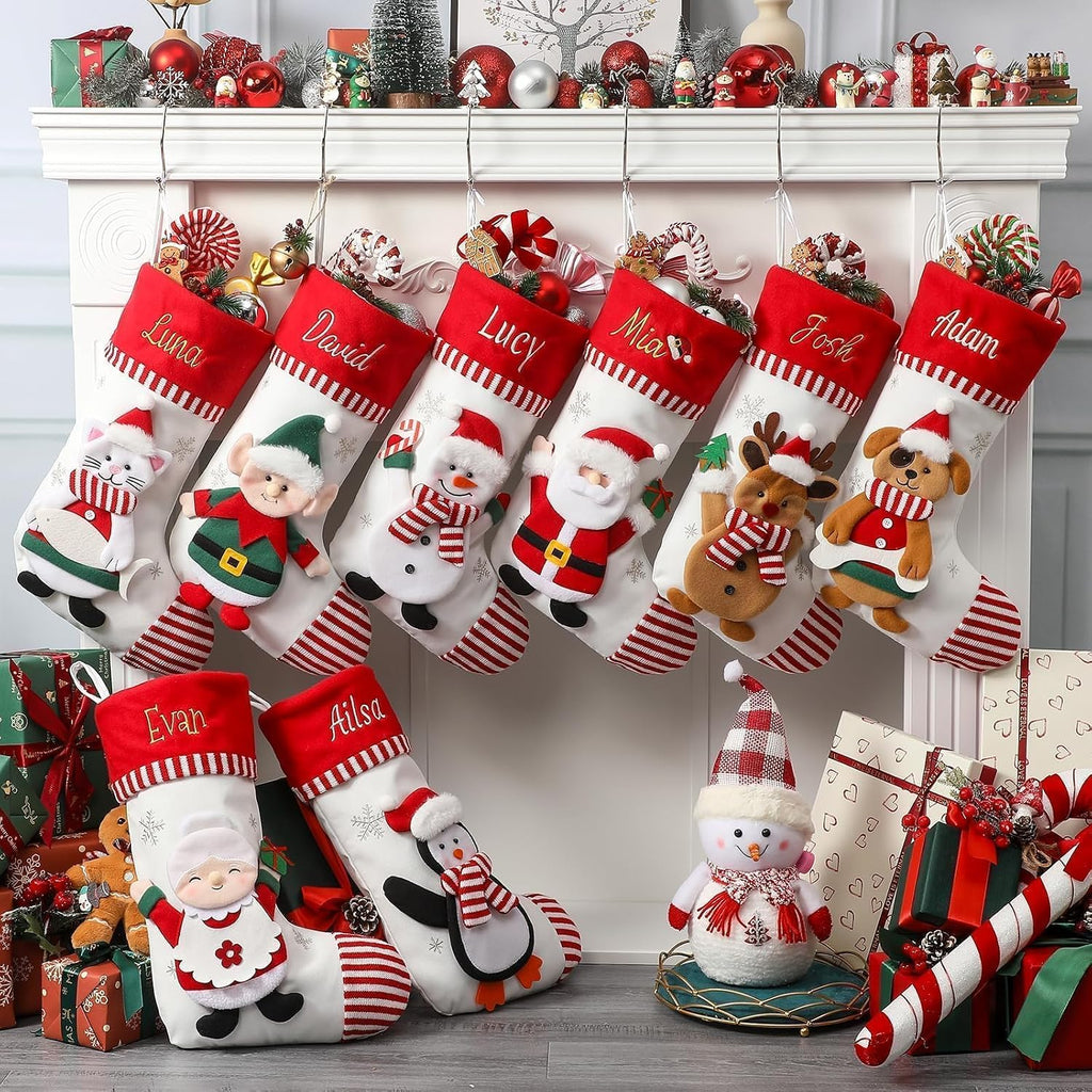 Personalized Christmas Stockings with Embroidered Name & Monogram,Custom 3D Xmas Character Stocking 1 Pack 18” Large,Santa,Snowman & Reindeer Fireplace Hanging Red Burlap Plaid Stockings(A)