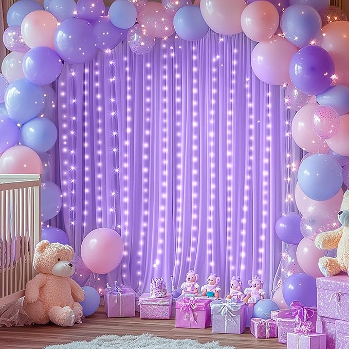 Lavender Backdrop Curtains with Lights for Parties,10x10FT Wrinkle Free Polyester Wedding Photo Backdrop Curtains for Baby Shower Birthday Ceremony Reception Home Party Decorations-5ft x 10ft,2 Panels