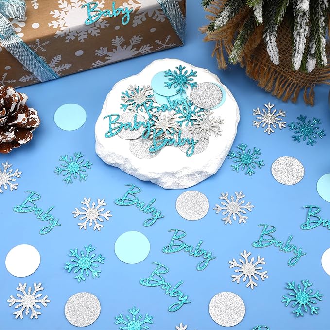 MARFOREVER Winter Baby Shower Table Confetti, 200 Pcs Glitter Blue Silver Snowflake Table Decorations Winter Gender Reveal Party Confetti Sprinkle for Winter Birthday Party Baby Shower Decorations