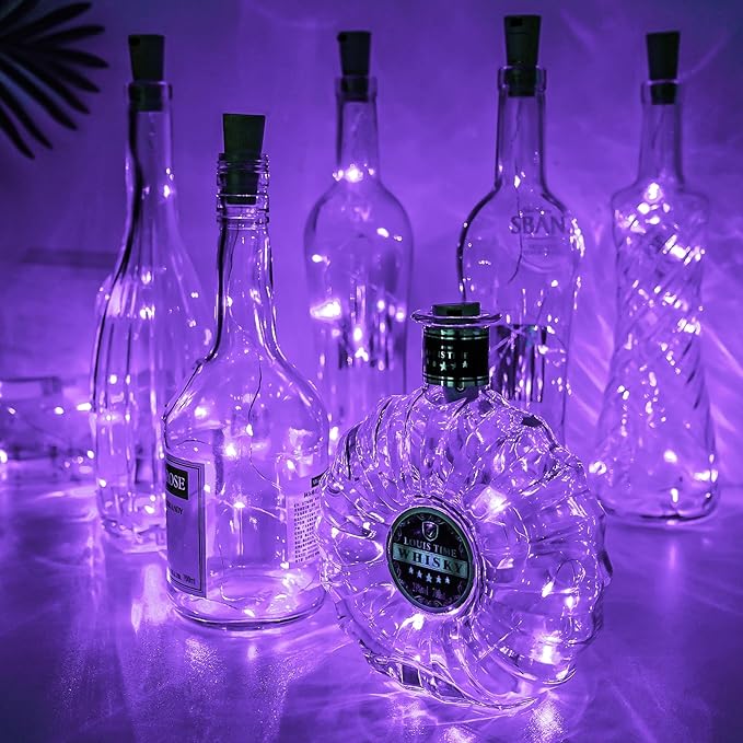 Aluan Wine Bottle Lights with Cork 10 Pack 20 LED Waterproof Halloween Fairy Light Battery Operated, Mini LED Cork Lights for Liquor Bottles Wedding Table Decor Party Jar Bar Table Decoration, Purple