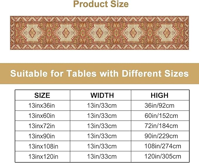Boho Bohemia Style Orange Table Runner, Country Rustic Farmhouse Magical Abstract Print Pattern for Home Kitchen Table Decor Dining Coffee Room Garden Party Decor 13x72in