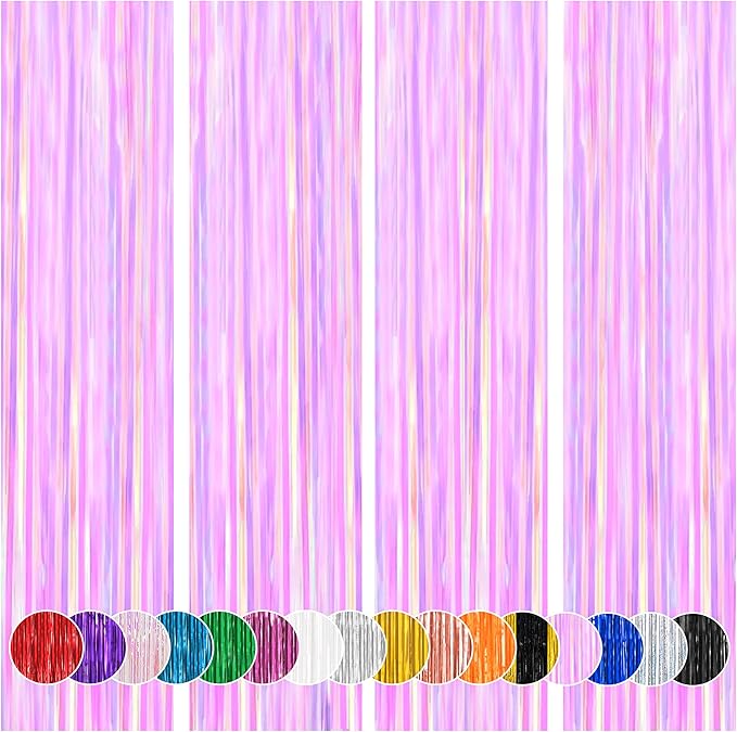 BTSD-home 4 Pack Iridescent Transparent Purple Foil Fringe Curtain, Metallic Photo Booth Tinsel Backdrop Door Curtains for Wedding Birthday Baby Shower Bachelorette Party Decorations(8ft x 3ft)