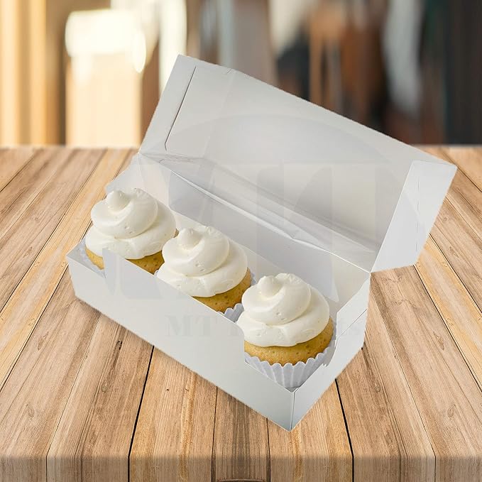 MT Products White Cupcake Boxes 9" x 4" x 3.5" - Auto Pop-Up Bakery Boxes with Window (Pack of 200) - Made in the USA