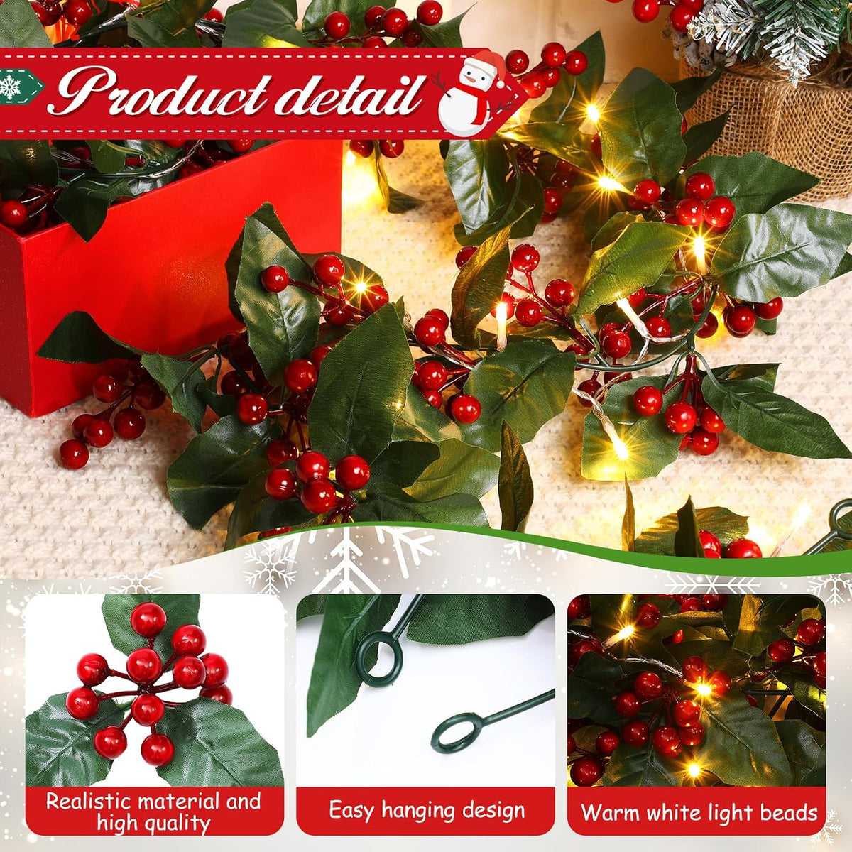 christmas garland 36 ft 30 led berry greenery, close-up detail