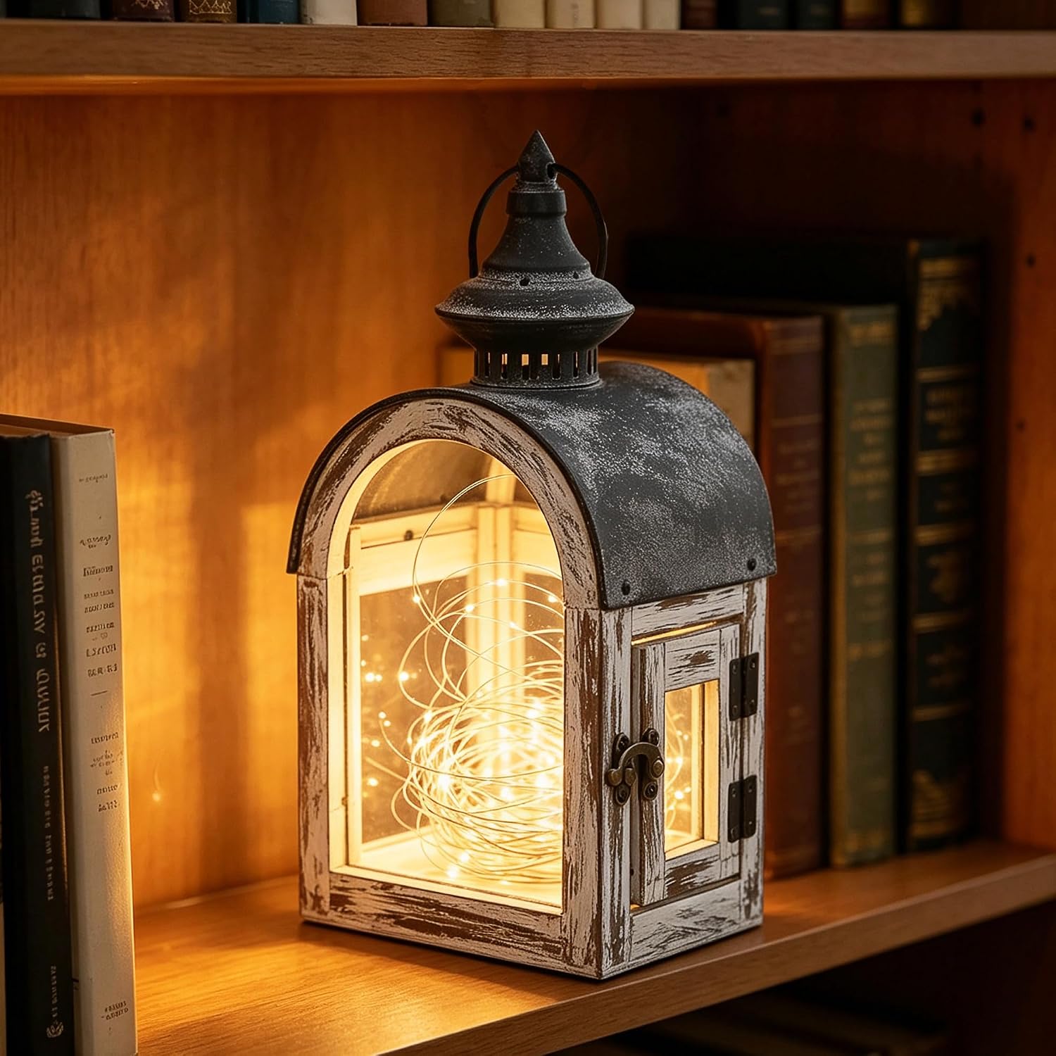 12" High Wooden Dome Lantern Made of Solid Fir Wood and Real Glass in Whitewash Finish with Grey Metal Top, Hurricane Lantern, Farmhouse Lantern (Whitewash, 6"x4.4")