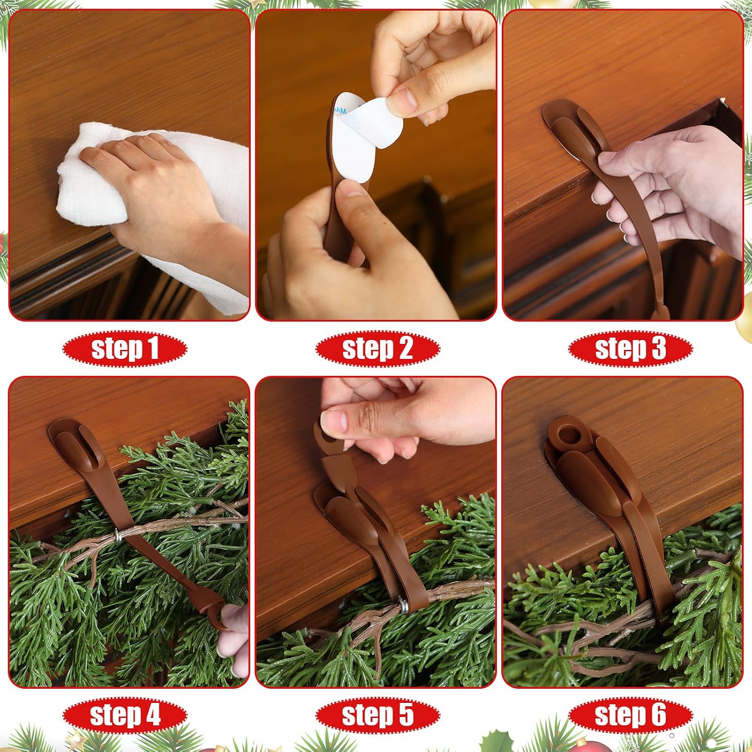 Relaxweex 6 Pcs Garland Hanger for Mantle No Drill Garland Hangers Hooks Wreath Ties Fireplace Stocking Holder Stretchable Silicone Adhesive Straps for Door Frame Stairways (Brown)