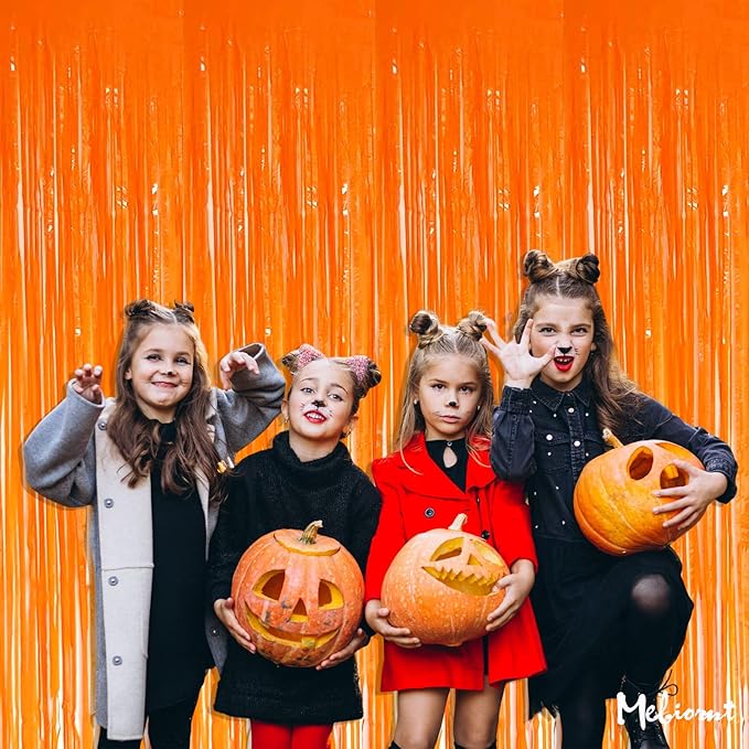 4 Pack Orange Fringe Curtain Backdrop, 3.2Ft x 6.6Ft Metallic Tinsel Foil Fringe Streamers Curtains Background for Photo Booth Birthday Wedding Baby Shower Party Thanksgiving Christmas Decorations