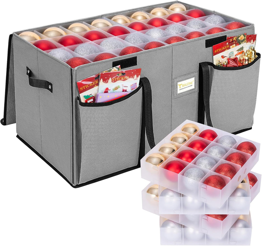 BALEINE Christmas Ornament Storage Box with Dividers, Premium Holiday Ornaments Storage Container Bin for Xmas Decorations (128 Ball, Grey, Hard)