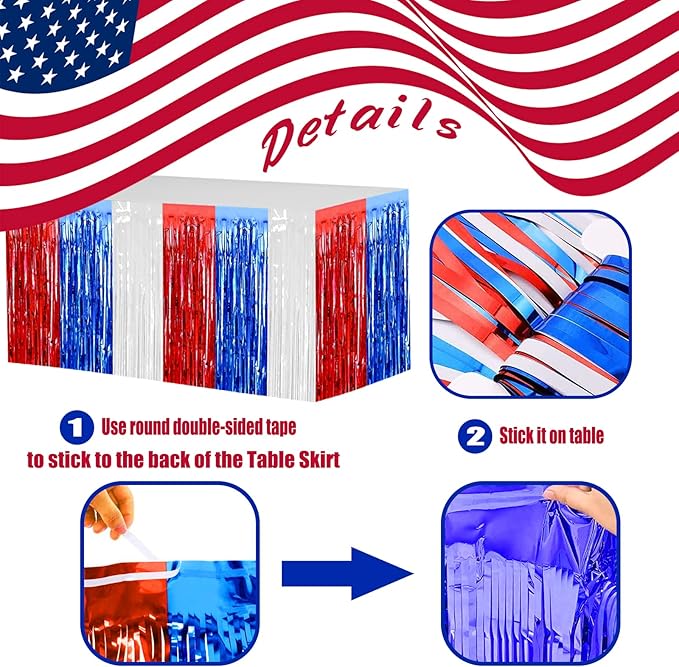 4 Pack 29x108 Inch Metallic Foil Fringe Tinsel Table Skirts for Rectangle Tables Streamer Backdrop for Wedding, Birthday, Parade Floats, Christmas, Halloween Party Decoration(White Blue Red)